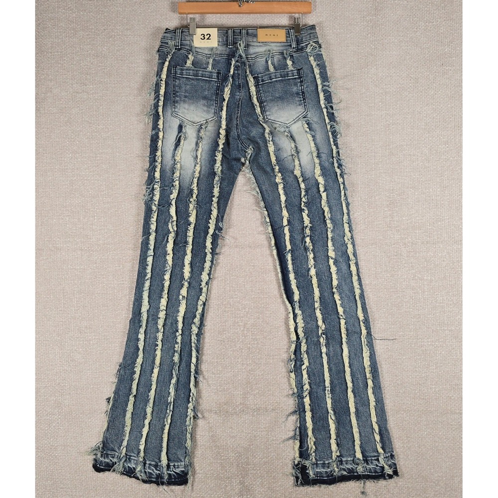 MNML X641 Stacked Ultra Rip Lined Denim Jeans Blue Distressed Fringe 32x36 - Picture 2 of 9